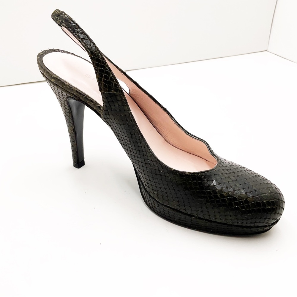 {Shoe Box Ny}Olive Python Leather Sling-Back Heels - image 7